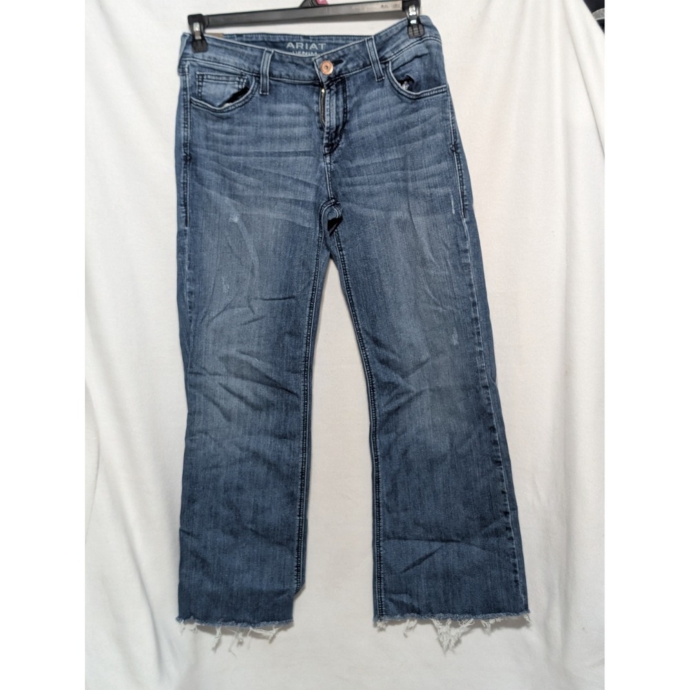 Ariat Denim Trouser Jeans Womens 31R Medium Wash Raw Hem Wide Leg Stretch Denim